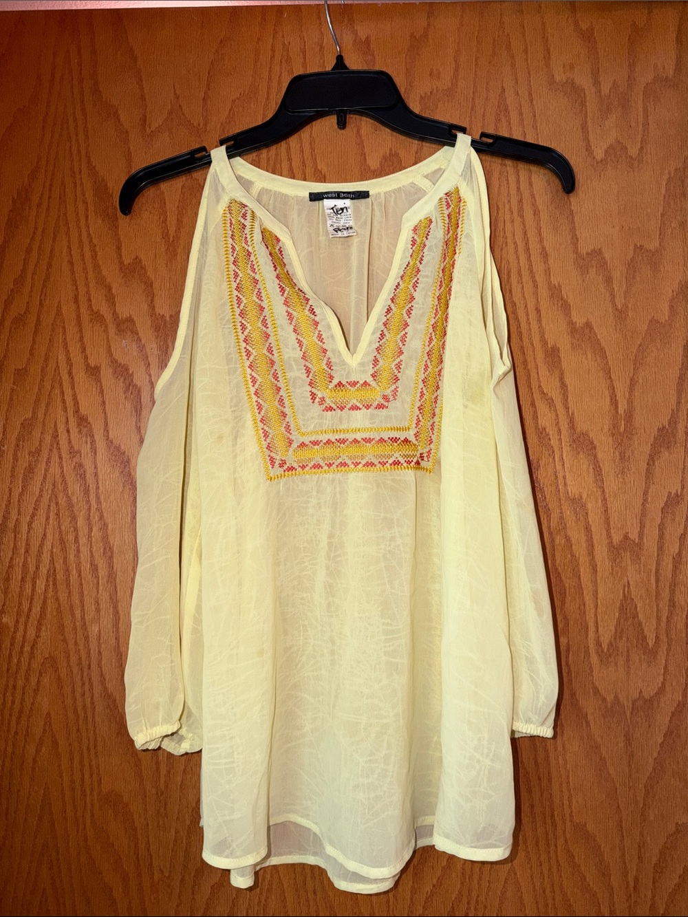West 36th - Women's Yellow Embroidered Cold-Shoulder Tunic Top